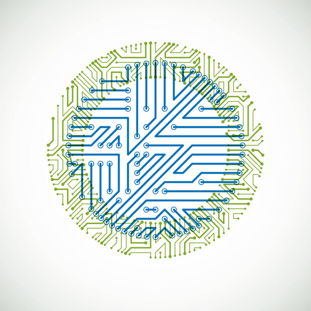 Abstract kleurrijk technologie vectorillustratie met ronde groene en blauwe printplaat. High-tech circulaire digitale regeling van elektronische apparaat. - Vector, afbeelding