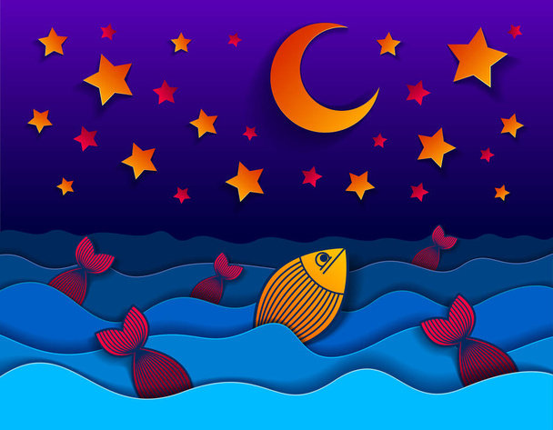 Beautiful night seascape with funny cartoon fishes in paper cut style, curvy lines of waves and moon and stars in the sky, perfect modern vector illustration. - Vetor, Imagem