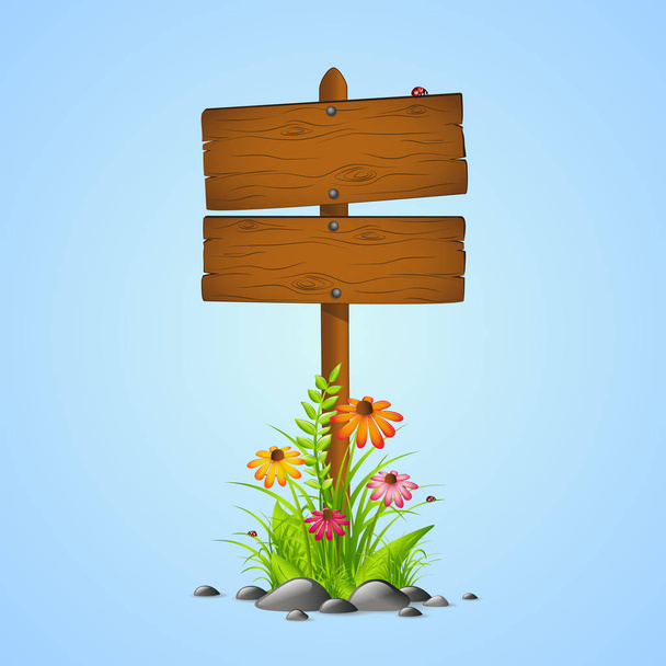 houten zingen voorjaar met bloemen op blauwe achtergrond - Vector, afbeelding