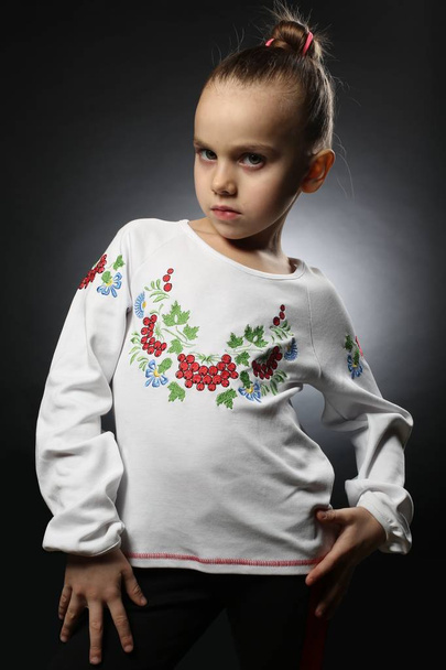 Oekraïense meisje 5-9 jaar oud, in een geborduurde shirt met verzamelde haar toont vol vertrouwen aan zijn onafhankelijkheid en de ernst - Foto, afbeelding