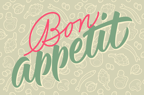 Bon appetit kaligrafia, odręczny napis, roślinny wzór - Wektor, obraz