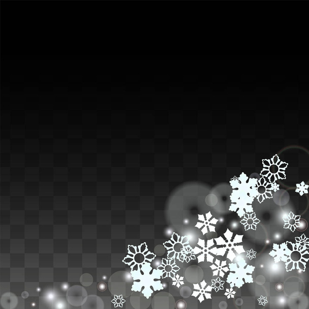 Fondo vectorial navideño con copos de nieve blancos que caen aislados sobre fondo transparente. Patrón realista de chispas de nieve. Impresión de capa de nieve. Cielo de invierno. Diseño para la invitación del partido. - Vector, Imagen