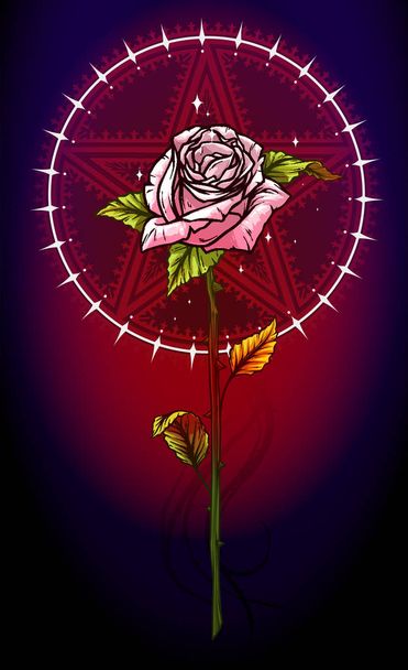 Graficzny szczegółowe kreskówka różowy kwiat róży z łodyga i liście. Na czerwono pięć gwiazda Pentagramu z ornamentem w tle biały okrąg. Wektor ikona. - Wektor, obraz