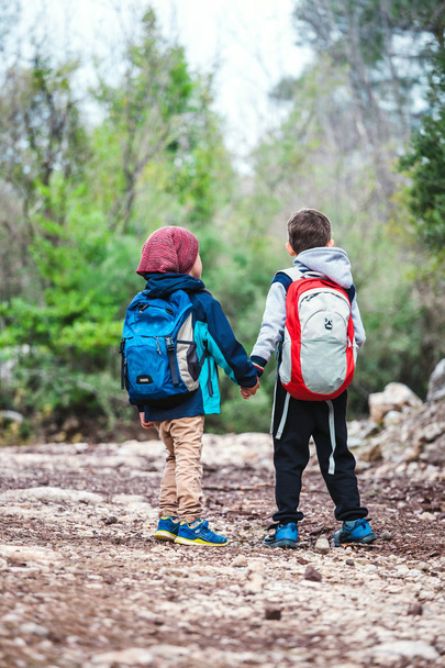 Deux garçons avec des sacs à dos marchent sur un sentier forestier. Les enfants marchent dans le parc. Les amis voyagent ensemble. Les enfants explorent le monde
. - Photo, image