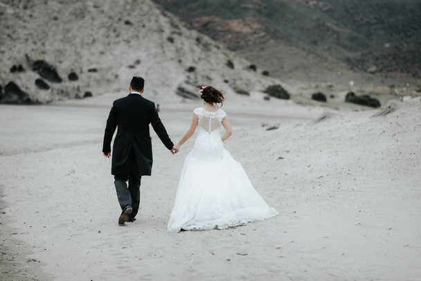 De bruid en bruidegom lopen langs het strand. Panoramisch uitzicht. Knuffelen. - Foto, afbeelding