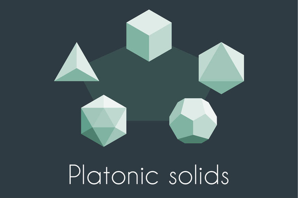 Five Platonic solids. Sacred geometry vector illustration. Tetrahedron, icosahedron, octahedron, dodecahedron, cube - Вектор,изображение