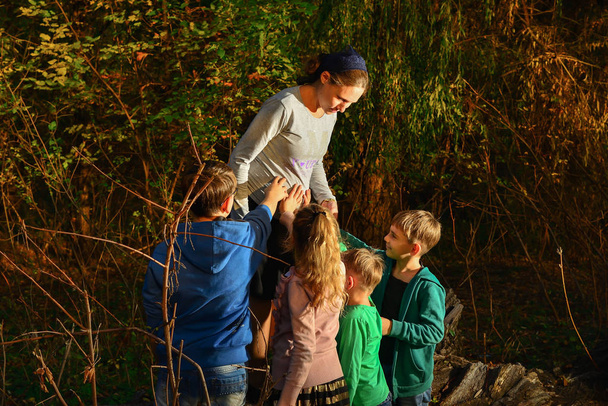 Μια έγκυος γυναίκα στέκεται σε ένα σύμπλεγμα δομών σε ένα δέντρο και τέσσερα παιδιά που βρίσκονται στο πάρκο δίπλα από τη μητέρα της. Μητέρα πολλών παιδιών με παιδιά στη φύση - Φωτογραφία, εικόνα