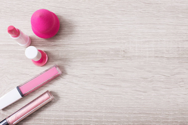 female pink cosmetics, top view - Foto, imagen