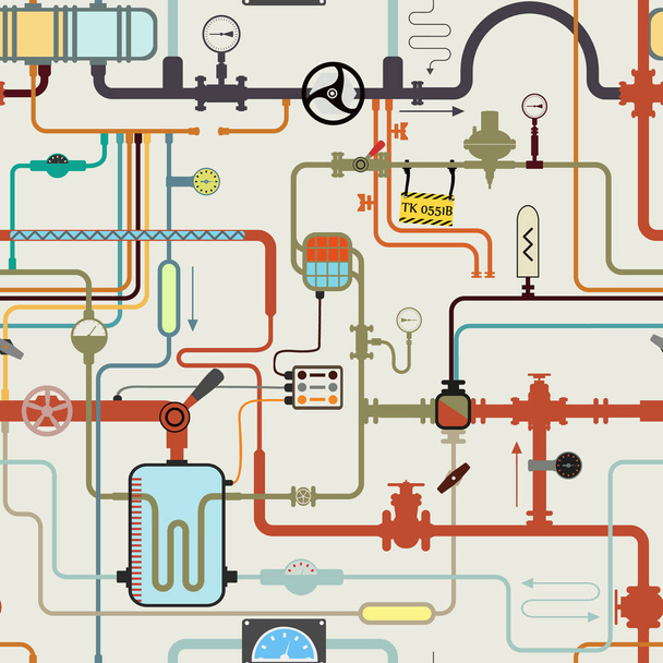 Colorful tube maze in scientific laboratory. Endless vector background. Pipeline with pressure measuring devices, sensor, counter, faucet, thermometer, manometer. Chemistry cartoon seamless pattern. - Вектор,изображение