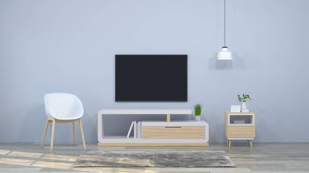 TV hout kabinet in moderne lege kamer interieur achtergrond, 3d illustratie, huis ontwerpen - Foto, afbeelding