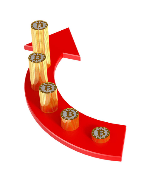 Bitcoins on a red arrow  - 3D rendering - Foto, Imagem