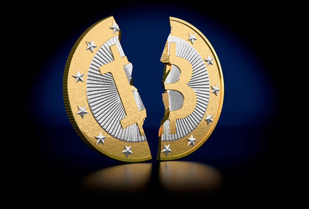 Goldener Bitcoin in zwei Teile gespalten - Foto, Bild