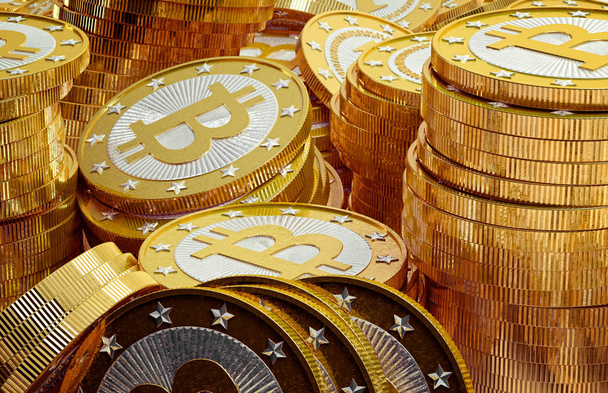 Stacks of golden Bitcoins - 3D Rendering - Foto, Imagem