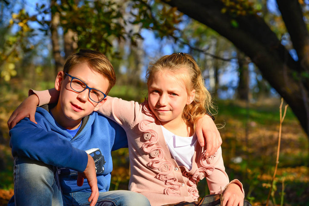 女の子と男の子で置かれている森の中で乾燥した葉夏の夜、兄と妹に自然に一緒に - 写真・画像