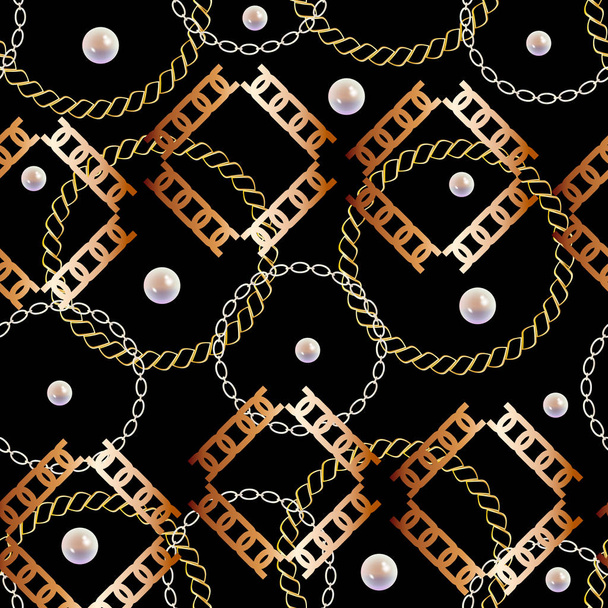 Mode nahtlose Muster mit goldenen Ketten, Perlen. Print mit Goldketten auf schwarzem Hintergrund. Vektor nahtlose Muster. Stoffdesign.  - Vektor, Bild