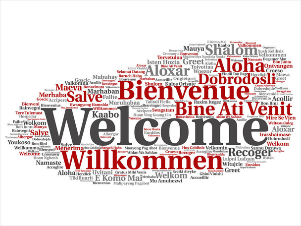 Vector concept or conceptual abstract welcome or greeting international word cloud in different languages or multilingual. Collage of world, foreign, worldwide travel, translate, vacation tourism text - Vector, Image