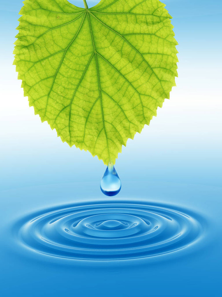 Koncepcja pojęciowy wiosna czyste wody lub rosy upuść spadające z zielony świeży liść na 3d ilustracja niebieski czystej wody, fale - Zdjęcie, obraz