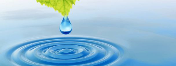 Conceito ou conceitual água de nascente limpa ou gota de orvalho caindo de uma folha verde fresca na ilustração 3D azul água clara fazendo ondas banner
 - Foto, Imagem