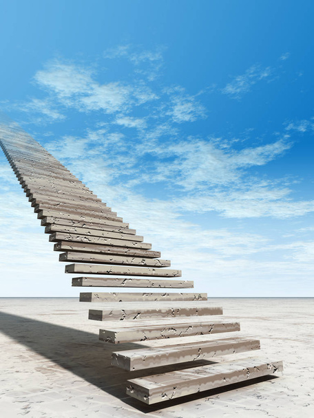 Concept or conceptual 3D illustration stair steps to heaven on sky background in desert with clouds - Photo, Image