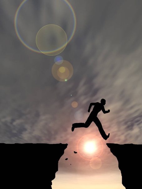 概念または概念の若い 3 d イラスト男性やビジネスマン ギャップ日没や日の出の空の背景の上の崖からジャンプ幸せのシルエット - 写真・画像