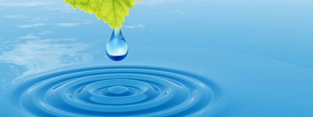 Concept or conceptual clean spring water or dew drop falling from a green fresh leaf on 3D illustration blue clear water making waves banner - Photo, Image