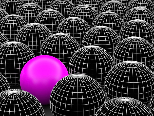 Concept or conceptual 3D illustration wireframe black and white group of spheres or balls with a special different one standing out of crowd background - Photo, Image
