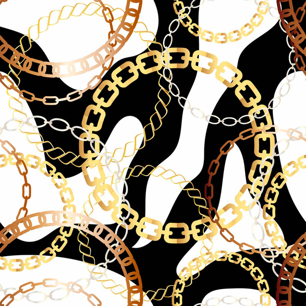 Fashion Seamless Pattern with Golden Chains. Print with gold chains on black background. Vector seamless pattern. Fabric design.  - Wektor, obraz