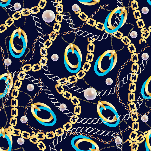 チェーンには、真珠とファッションのシームレスなパターン。青の背景にゴールド チェーンで印刷します。ベクターのシームレスなパターン。ファブリックの設計.  - ベクター画像