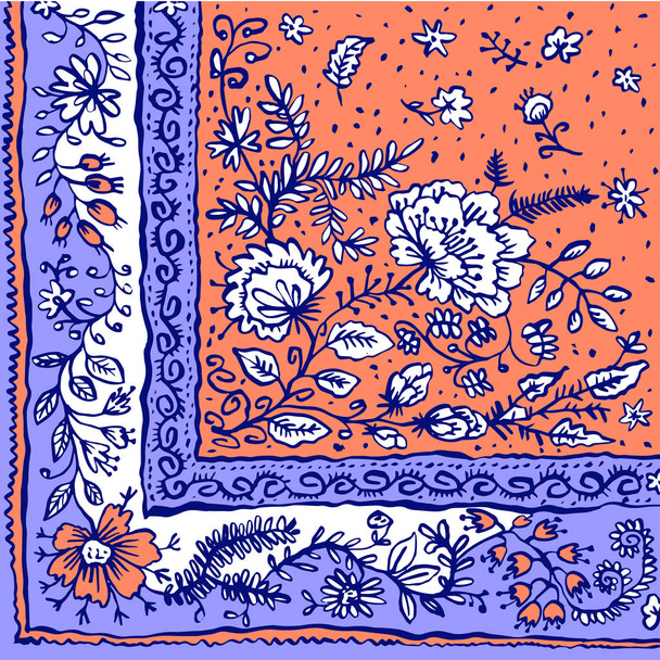 Colorful ornamental floral paisley shawl, bandanna, pillow, scarf. Square pattern. Detailed floral scarf design. Fashion ornament on white background. Batik.  - Vecteur, image