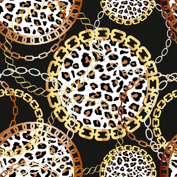 Fashion Seamless Pattern with Golden Chains and leopard print. Print with gold chains on black background. Vector seamless pattern. Fabric design.  - Vector, Image
