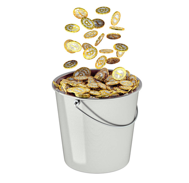 Bucket full of Bitcoins - isolated on white - Photo, image