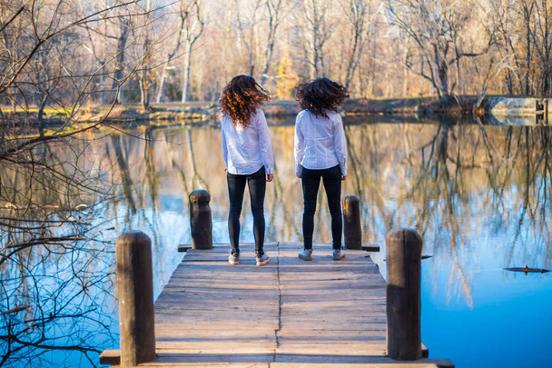 Achteraanzicht van jonge tweeling zusters in dezelfde kleren schudden haar op het meer op de herfst dag in het bos - Foto, afbeelding