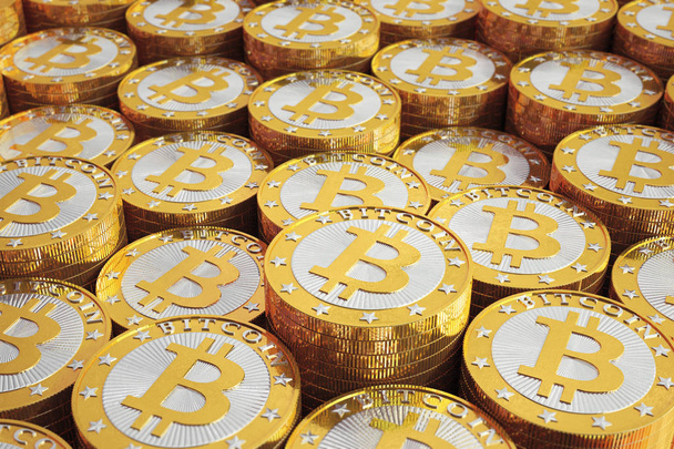 Stacks of golden Bitcoins - 3D Rendering - Φωτογραφία, εικόνα