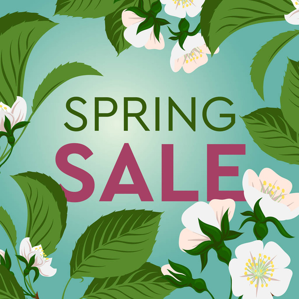 Advertisement about the spring sale on background with beautiful cherry blossom. Vector illustration. - Vektori, kuva
