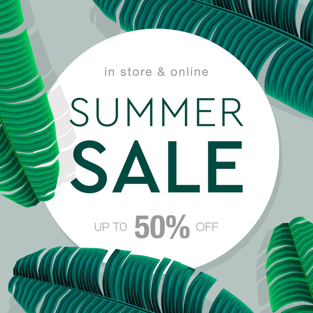 Summer Sale banner, poster with palm leaves, jungle leaf and lettering. Floral tropical summer background. Vector illustration. - Vettoriali, immagini