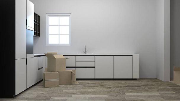 mover caixas de embalagem e desembalagem em novas casas interiores de casas encenadas, incluindo cozinhas, sala branca 3d renderização fundo interior - Ilustração
 - Foto, Imagem