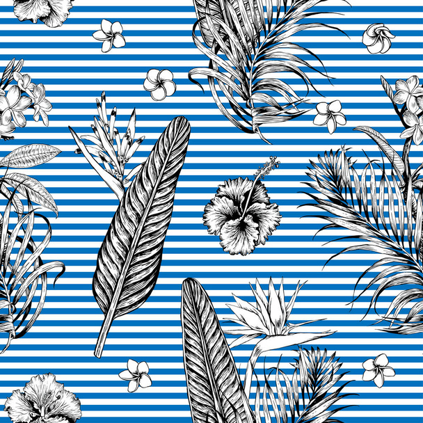 Seamless tropical pattern with stripes. Leaves palm tree illustration. Modern graphics. Plumeria flowers, bird in paradise, hibiscus. - Vetor, Imagem