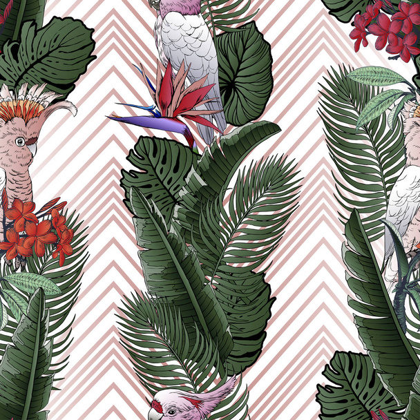 Seamless tropical pattern with stripes. Leaves palm tree illustration. Modern graphics. Plumeria flowers, parrot - Vector, Imagen