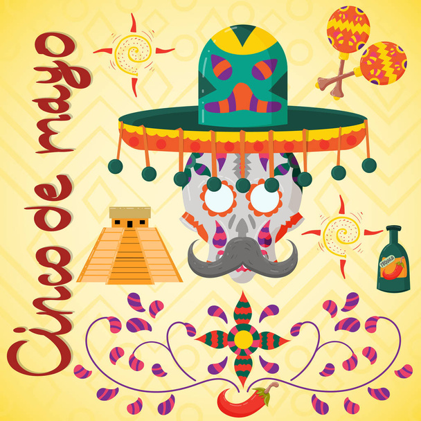 vector illustration on Mexican theme of Cinco de mayo celebration in flat skull style in sombrero for decoration and design - Vector, Image