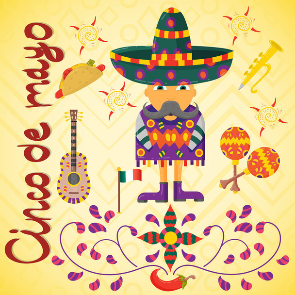 векторная иллюстрация на мексиканскую тему празднования Синко-де-Майо в плоском мексиканском стиле в национальном платье для украшения и дизайна
 - Вектор,изображение