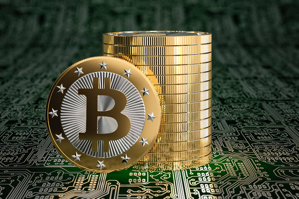 Golden Bitcoin on circuit board layout - 3D rendering - Photo, Image
