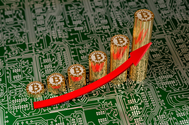 Arany Bitcoins egy áramköri kártyán képviselő profit növekedést - 3d renderelés  - Fotó, kép