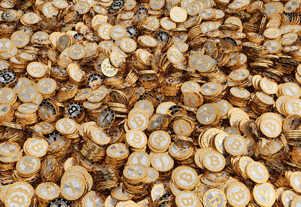 Hromadu zlatých bitcoinů - 3d vykreslování - Fotografie, Obrázek