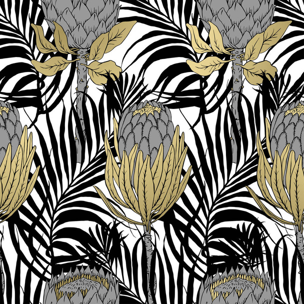Varrat nélküli trópusi mintát. Virág illusztráció. Modern grafika. A Protea blossom. Lakberendezés-textil.  - Vektor, kép
