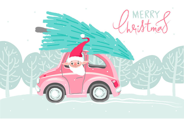Vector illustration of merry christmas card with santa claus in car - Vektör, Görsel