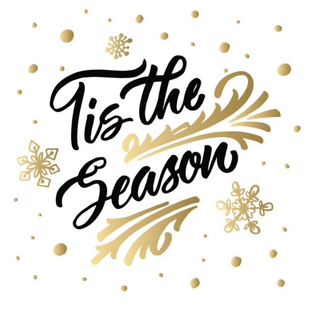 Hand drawn lettering design. Retro calligraphy. Tis the season. Gold elements.  - Vector, Image