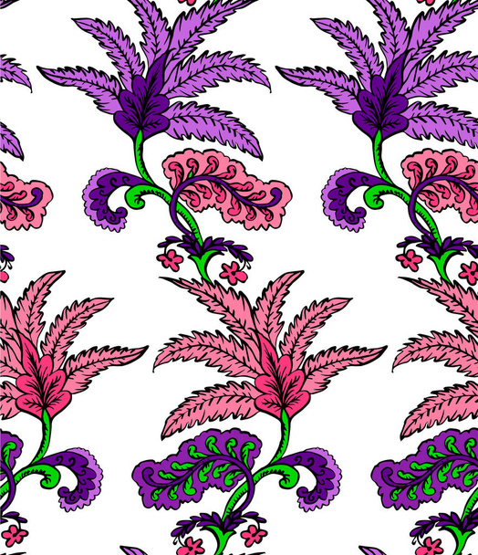 Seamless pattern with fantasy flowers, natural wallpaper, floral decoration curl illustration. Paisley print hand drawn elements.  - Vector, Imagen