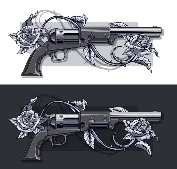 Grafikus fekete-fehér részletes régi revolver, rózsa és tövis. A szürke háttér. Vector icon set. - Vektor, kép