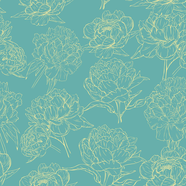 pattern of peonies drawn by hand on a green background contours - Vector, Image