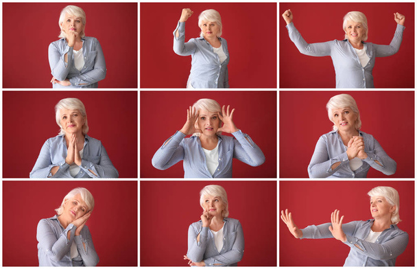 Beautiful mature woman with different emotions on red background - Photo, Image